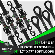 Load image into Gallery viewer, Rhino USA Cargo Tie-Downs Rhino USA Heavy Duty Ratchet Tie-Down 4-Pack (Black) 1.6In X 8Ft
