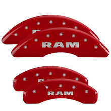 Load image into Gallery viewer, MGP 4 Caliper Covers Engraved Front &amp; Rear 2019 Ram 1500 Red Finish Silver RAM Logo Caliper Covers MGP

