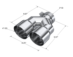 MBRP 3in ID / Dual 4in OD Out Staggered L 9.87in / R 9.37in Single Wall T304 SS Univ Exhaust Tip Tips MBRP   