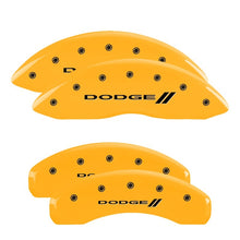 Load image into Gallery viewer, MGP 4 Caliper Covers Engraved Front &amp; Rear 11-18 Dodge Durango Yellow Finish Black Dodge II Logo Caliper Covers MGP
