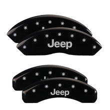 Load image into Gallery viewer, MGP 4 Caliper Covers Engraved Front &amp; Rear Jeep Black Finish Silver Char 2018 Jeep Wrangler Caliper Covers MGP
