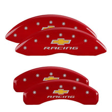 Load image into Gallery viewer, MGP 4 Caliper Covers Engraved Front &amp; Rear Chevy Racing Red Finish Silver Char 2012 Chevrolet Camaro Caliper Covers MGP
