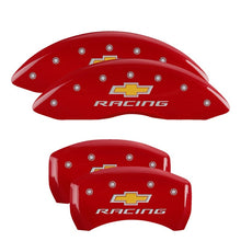 Load image into Gallery viewer, MGP 4 Caliper Covers Engraved Front &amp; Rear Chevy Racing Red Finish Silver Char 2019 Chevrolet Malibu Caliper Covers MGP
