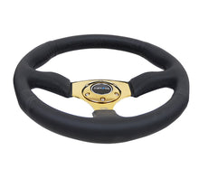 Load image into Gallery viewer, NRG Reinforced Steering Wheel (350mm / 2.5in. Deep) Leather Race Comfort Grip w/4mm Gold Spokes Steering Wheels NRG
