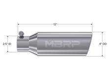Load image into Gallery viewer, MBRP Universal Tip 4in OD 2.5in Inlet 12in Length Angled Cut Rolled End Clampless No-Weld T304 Steel Tubing MBRP   
