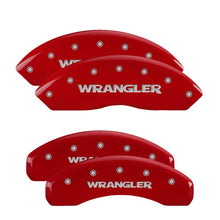 Load image into Gallery viewer, MGP 4 Caliper Covers Engraved Front &amp; Rear 2018 Jeep Wrangler Red Finish Silver Wrangler Logo Caliper Covers MGP
