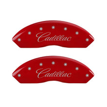 Load image into Gallery viewer, MGP 4 Caliper Covers Engraved Front Cursive/Cadillac Engraved Rear CTS Red finish silver ch Caliper Covers MGP
