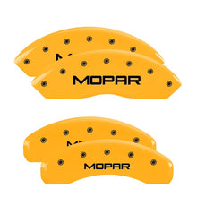 Load image into Gallery viewer, MGP 4 Caliper Covers Engraved Front &amp; Rear Mopar Yellow Finish Black Char 2018 Jeep Wrangler Caliper Covers MGP
