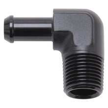 Load image into Gallery viewer, Edelbrock Hose End 90-Deg 1/2In NPT to 3/8In Barb Black Anodize Fittings Edelbrock

