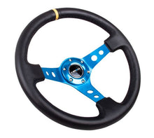 Load image into Gallery viewer, NRG Reinforced Steering Wheel (350mm / 3in. Deep) Blk Leather w/Blue Cutout Spoke &amp; Single Yellow CM Steering Wheels NRG
