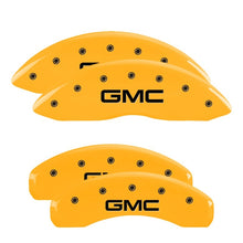 Load image into Gallery viewer, MGP 4 Caliper Covers Engraved Front &amp; Rear GMC Yellow Finish Black Char 2019 GMC Sierra 1500 Caliper Covers MGP
