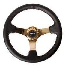 Load image into Gallery viewer, NRG Reinforced Steering Wheel (3in Deep / 4mm) 350mm Blk Leather w/Red BBall Stitch &amp; Gold Spoke Steering Wheels NRG
