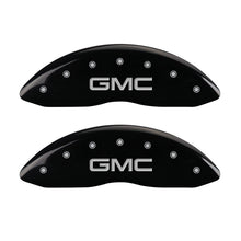 Load image into Gallery viewer, MGP 2 Caliper Covers Engraved Front GMC Black Finish Silver Characters 2008 GMC Canyon Caliper Covers MGP
