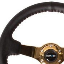 Load image into Gallery viewer, NRG Reinforced Steering Wheel (3in Deep / 4mm) 350mm Blk Leather w/Red BBall Stitch &amp; Gold Spoke Steering Wheels NRG
