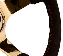 Load image into Gallery viewer, NRG Reinforced Steering Wheel (350mm / 3in. Deep) Blk Suede w/Red BBall Stitch &amp; Chrome Gold 3-Spoke Steering Wheels NRG
