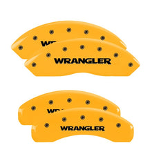 Load image into Gallery viewer, MGP 4 Caliper Covers Engraved Front &amp; Rear Wrangler Yellow Finish Black Char 2003 Jeep Wrangler Caliper Covers MGP
