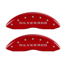 Load image into Gallery viewer, MGP 4 Caliper Covers Engraved Front &amp; Rear Silverado Red finish silver ch Caliper Covers MGP
