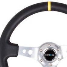 Load image into Gallery viewer, NRG Reinforced Steering Wheel (350mm / 3in. Deep) Blk Leather w/Circle Cut Spokes &amp; Single Yellow CM Steering Wheels NRG
