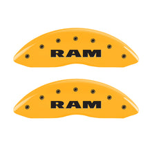 Load image into Gallery viewer, MGP 4 Caliper Covers Engraved Front &amp; Rear Ram Yellow Finish Black Char 2010 Dodge Ram 2500 Caliper Covers MGP
