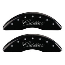 Load image into Gallery viewer, MGP 4 Caliper Covers Engraved F &amp; R Cursive/Cadillac Black Finish Silver Char 2016 Cadillac CT6 Caliper Covers MGP

