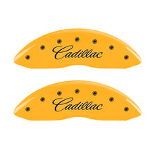 Load image into Gallery viewer, MGP 4 Caliper Covers Engraved Front Cursive/Cadillac Engraved Rear CTS Yellow finish black ch Caliper Covers MGP
