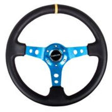 Load image into Gallery viewer, NRG Reinforced Steering Wheel (350mm / 3in. Deep) Blk Leather w/Blue Cutout Spoke &amp; Single Yellow CM Steering Wheels NRG
