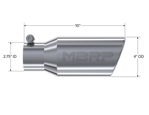 MBRP Universal Tip 4in OD 2.75in Inlet 10in Length Angled Rolled End T304 Steel Tubing MBRP   