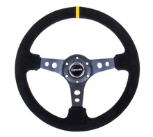 Load image into Gallery viewer, NRG Reinforced Steering Wheel (350mm / 3in. Deep) Blk Suede w/Circle Cut Spokes &amp; Single Yellow CM Steering Wheels NRG
