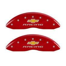Load image into Gallery viewer, MGP 4 Caliper Covers Engraved Front &amp; Rear Chevy Racing Red Finish Silver Char 2016 Chevrolet SS Caliper Covers MGP
