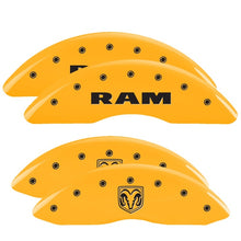Load image into Gallery viewer, MGP 4 Caliper Covers Engraved Front Ram Rear Ramhead Yellow Finish Black Char 2010 Dodge Ram 2500 Caliper Covers MGP
