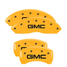 Load image into Gallery viewer, MGP 4 Caliper Covers Engraved Front &amp; Rear GMC Yellow finish black ch Caliper Covers MGP
