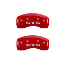 Load image into Gallery viewer, MGP 4 Caliper Covers Engraved Front Cursive/Cadillac Engraved Rear STS Red finish silver ch Caliper Covers MGP
