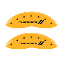 Load image into Gallery viewer, MGP 4 Caliper Covers Engraved Front &amp; Rear With stripes/Charger Yellow finish black ch Caliper Covers MGP

