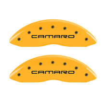 Load image into Gallery viewer, MGP 4 Caliper Covers Engraved Front Camaro Rear Gen 4/Ss Yellow Finish Black Char 1998 Chevy Camaro Caliper Covers MGP
