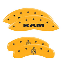 Load image into Gallery viewer, MGP 4 Caliper Covers Engraved Front Ram Rear Ramhead Yellow Finish Black Char 2019 Ram 1500 Caliper Covers MGP
