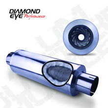 Load image into Gallery viewer, Diamond Eye MFLR 4inID SGL IN/SGL OUT 7inDIA X 24in BODY 30in LENGTH LOUVERED SLOTTED ENDS 409 SS Muffler Diamond Eye Performance
