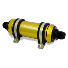 Load image into Gallery viewer, Fuelab 828 In-Line Fuel Filter Long -12AN In/Out 10 Micron Fabric - Gold Fuel Filters Fuelab
