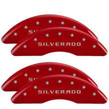 Load image into Gallery viewer, MGP 4 Caliper Covers Engraved Front &amp; Rear Silverado Red finish silver ch Caliper Covers MGP

