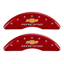 Load image into Gallery viewer, MGP 4 Caliper Covers Engraved Front &amp; Rear Chevy Racing Red Finish Silver Char 2016 Chevrolet Camaro Caliper Covers MGP
