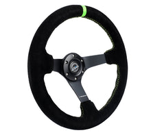 Load image into Gallery viewer, NRG Reinforced Steering Wheel 350mm/3in. Deep Blk Suede/ Neon Green Stitch w/5mm Matte Black Spoke Steering Wheels NRG
