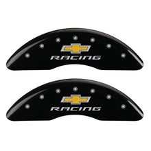 Load image into Gallery viewer, MGP 4 Caliper Covers Engraved F &amp; R Chevy Racing Black Finish Silver Char 2019 Chevrolet Camaro Caliper Covers MGP
