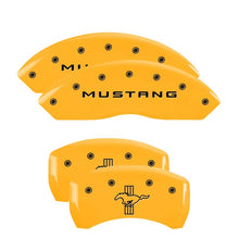 Load image into Gallery viewer, MGP 4 Caliper Covers Engraved Front Mustang Engraved Rear Bar &amp; Pony Yellow finish black ch Caliper Covers MGP
