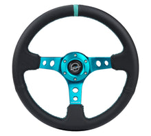 Load image into Gallery viewer, NRG Reinforce Steering Wheel (350mm / 3in. Deep) Blk Leather, Teal Center Mark w/ Teal Stitching Steering Wheels NRG
