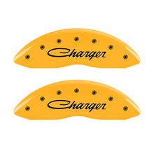 Load image into Gallery viewer, MGP 4 Caliper Covers Engraved F &amp; R Cursive/Charger Yellow Finish Black Char 2006 Dodge Charger Caliper Covers MGP
