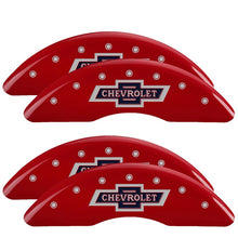 Load image into Gallery viewer, MGP 4 Caliper Covers Engraved F &amp; R 100th Anniv Red Finish Silver Char 2019 Chevy Silverado 3500 HD Caliper Covers MGP
