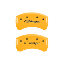 Load image into Gallery viewer, MGP 4 Caliper Covers Engraved F &amp; R Cursive/Charger Yellow Finish Black Char 2006 Dodge Charger Caliper Covers MGP
