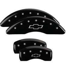 Load image into Gallery viewer, MGP 4 Caliper Covers Engraved Front &amp; Rear Bowtie Black Finish Silver Char 2019 Chevrolet Traverse Caliper Covers MGP
