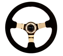 Load image into Gallery viewer, NRG Reinforced Steering Wheel (350mm / 3in. Deep) Blk Suede w/Red BBall Stitch &amp; Chrome Gold 3-Spoke Steering Wheels NRG
