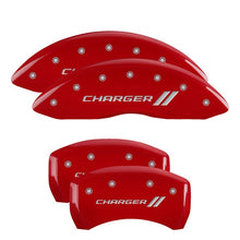 Load image into Gallery viewer, MGP 4 Caliper Covers Engraved Front &amp; Rear With stripes/Charger Red finish silver ch Caliper Covers MGP
