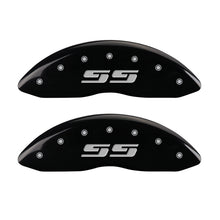 Load image into Gallery viewer, MGP Front set 2 Caliper Covers Engraved Front Silverado style/SS Black finish silver ch Caliper Covers MGP
